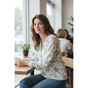 Van Heusen Womens Floral Long Sleeve Blouse Size L Cream & Blue